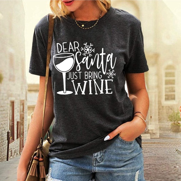 Dear Santa Just Bring the Wine - Christmas Short Sleeve Tshirt Large T-shirt - Picture 1 of 5